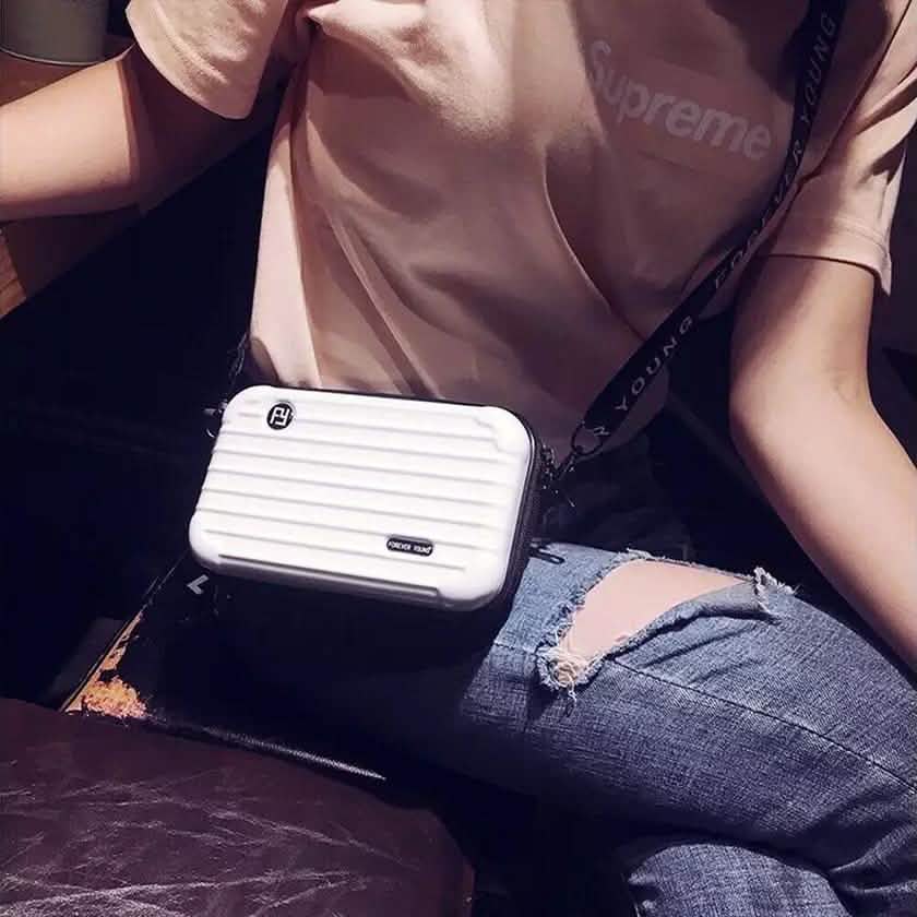 Women Suitcase Box Shape Crossbody Shoulder Bag Letter Band Travel Carrying